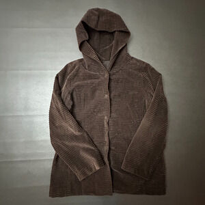 Eileen Fisher Jacket Womens Medium Brown Ribbed Corduroy Relaxed Hood Coat